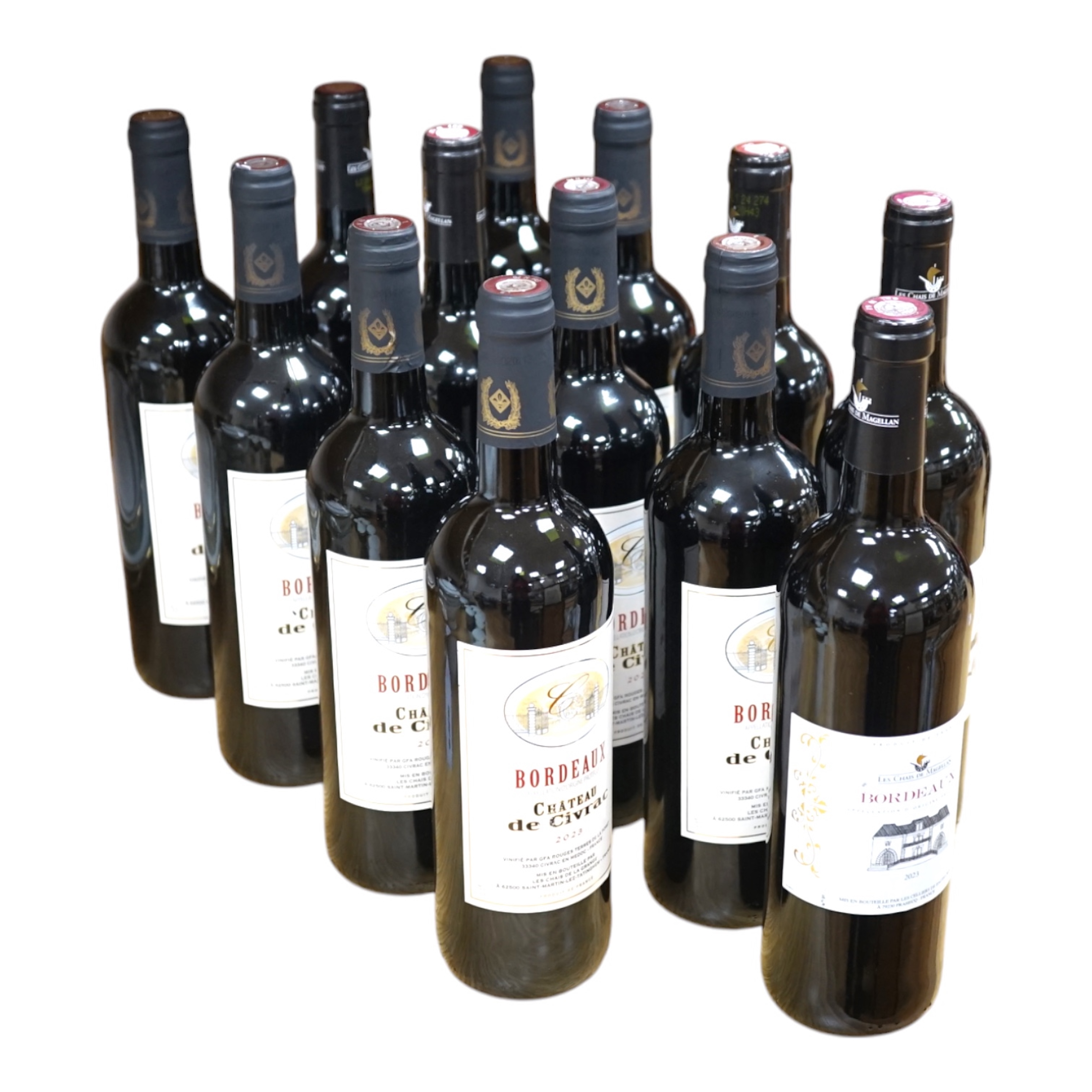 Eight bottles of Bordeaux Chateaux de Civrac and five bottles of Bordeaux Les Chais de Magellan. Condition - storage unknown